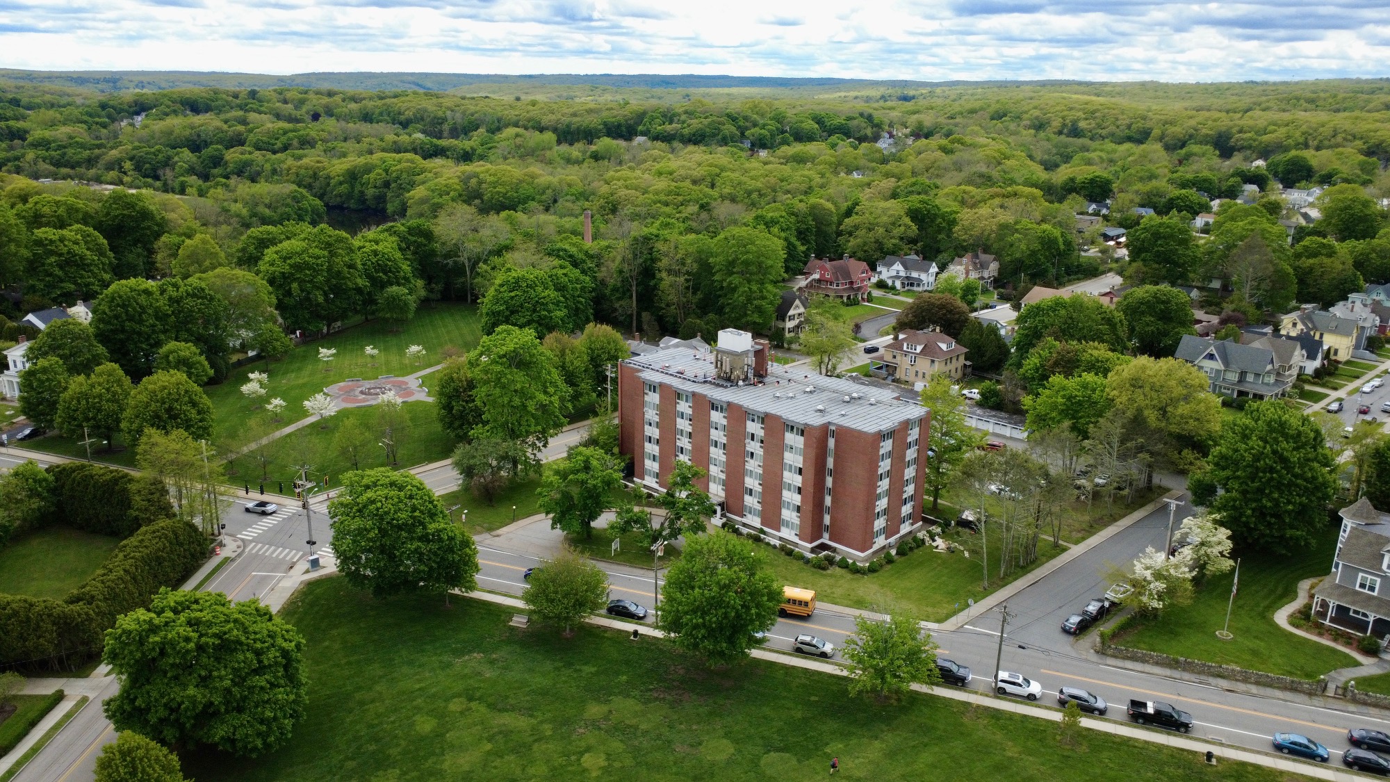 Aerial view of Blackstone Apartments and the surrounding green spaces