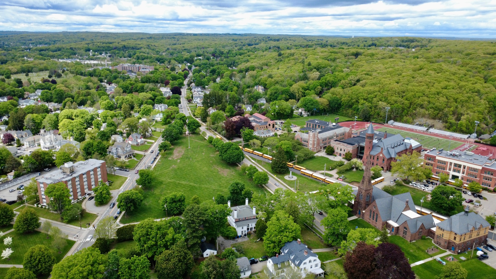 Aerial view of the streets and green spaces surrounding Blackstone Apartments